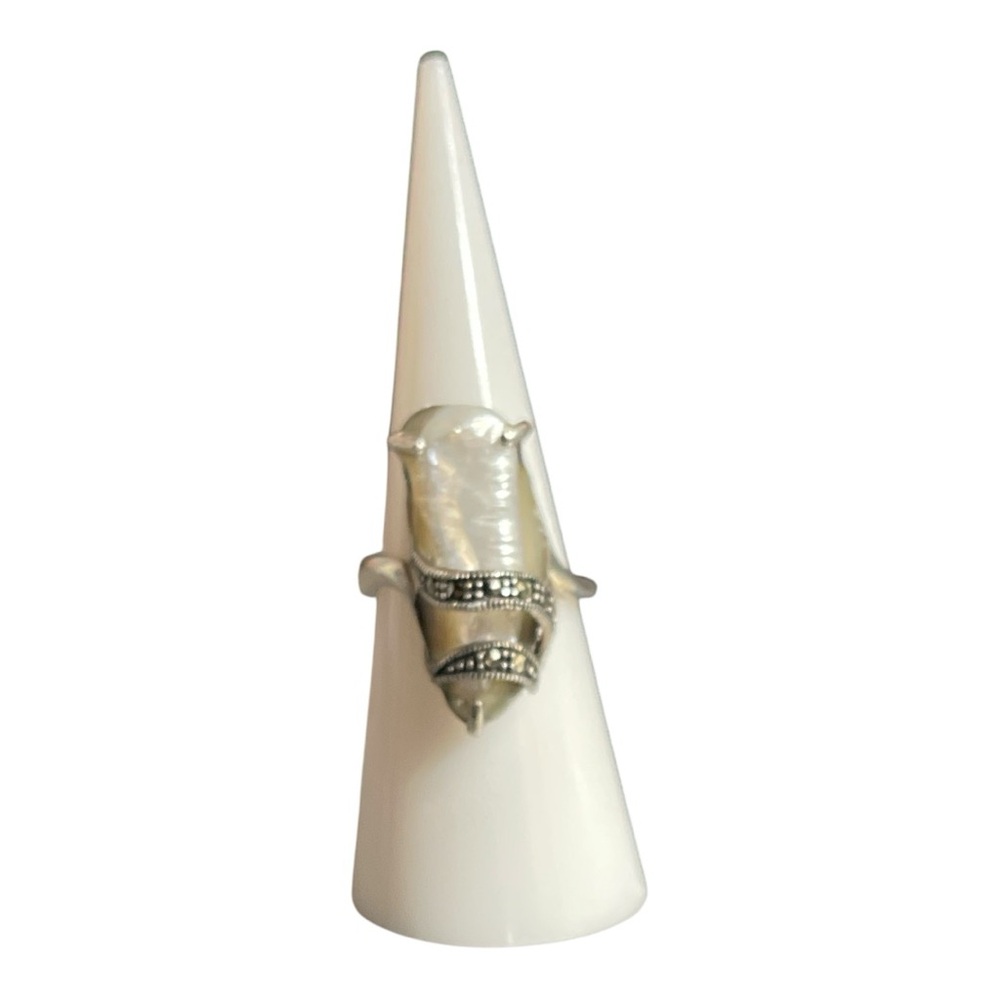 Huge Baroque Pearl Sterling Silver & Marcasite Statement Ring